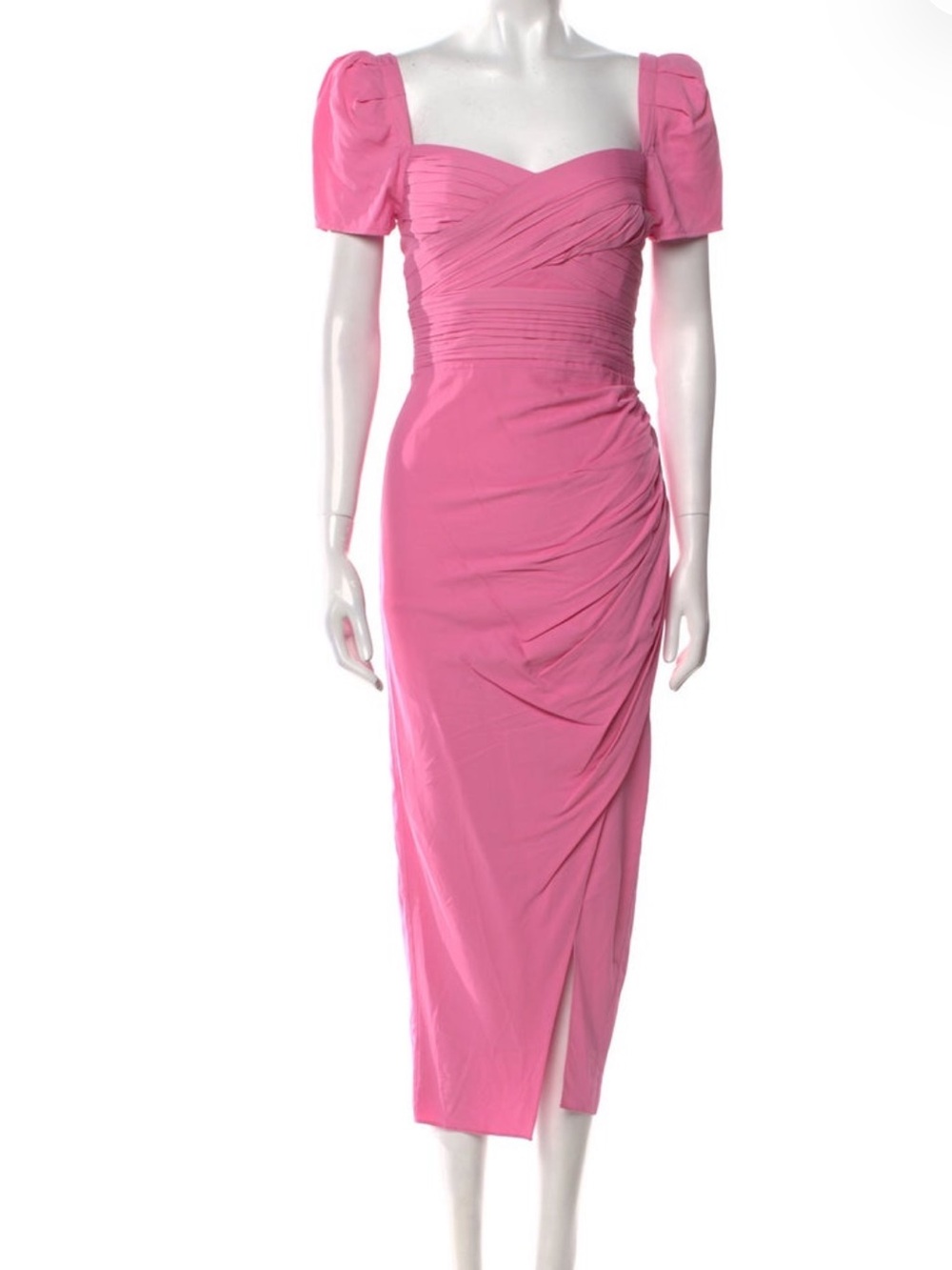 Self-Portrait Hot Pink Ruched Midi Dress with Puff Sleeves